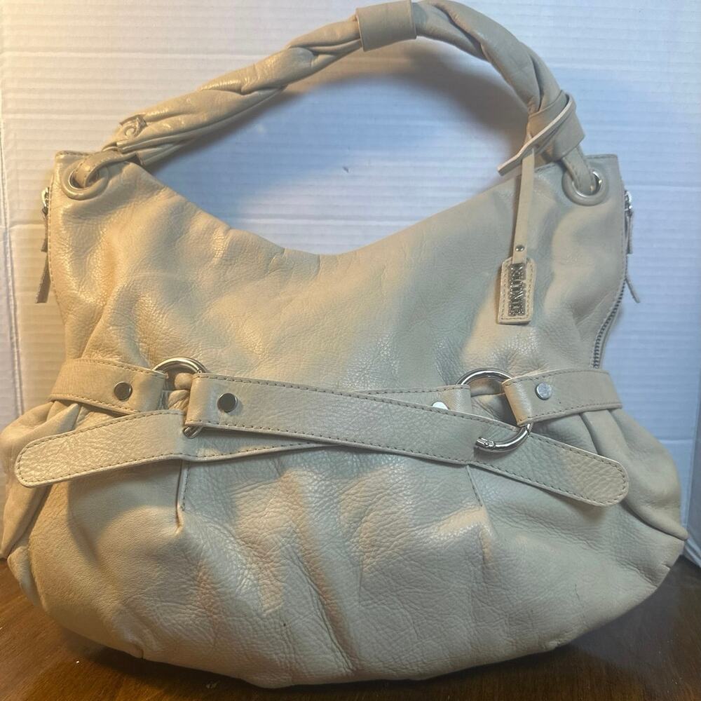 DelConte beige leather hobo bag braided handle &silver hardware made in Italy